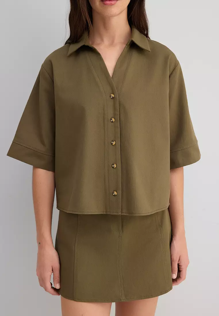 Khaki Thin Gabardine Boxy Cotton Shirt