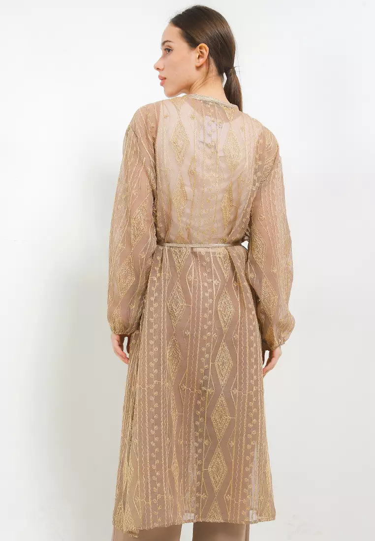 Ethnic Emb Linen Outer W/ Gold Tassel Belt