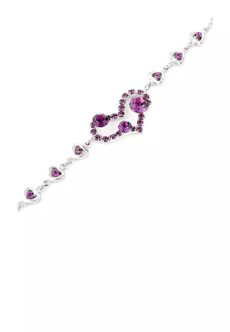 Genuine Love Heart Shape Bracelet with Purple Austrian Element Crystals and CZ Beads