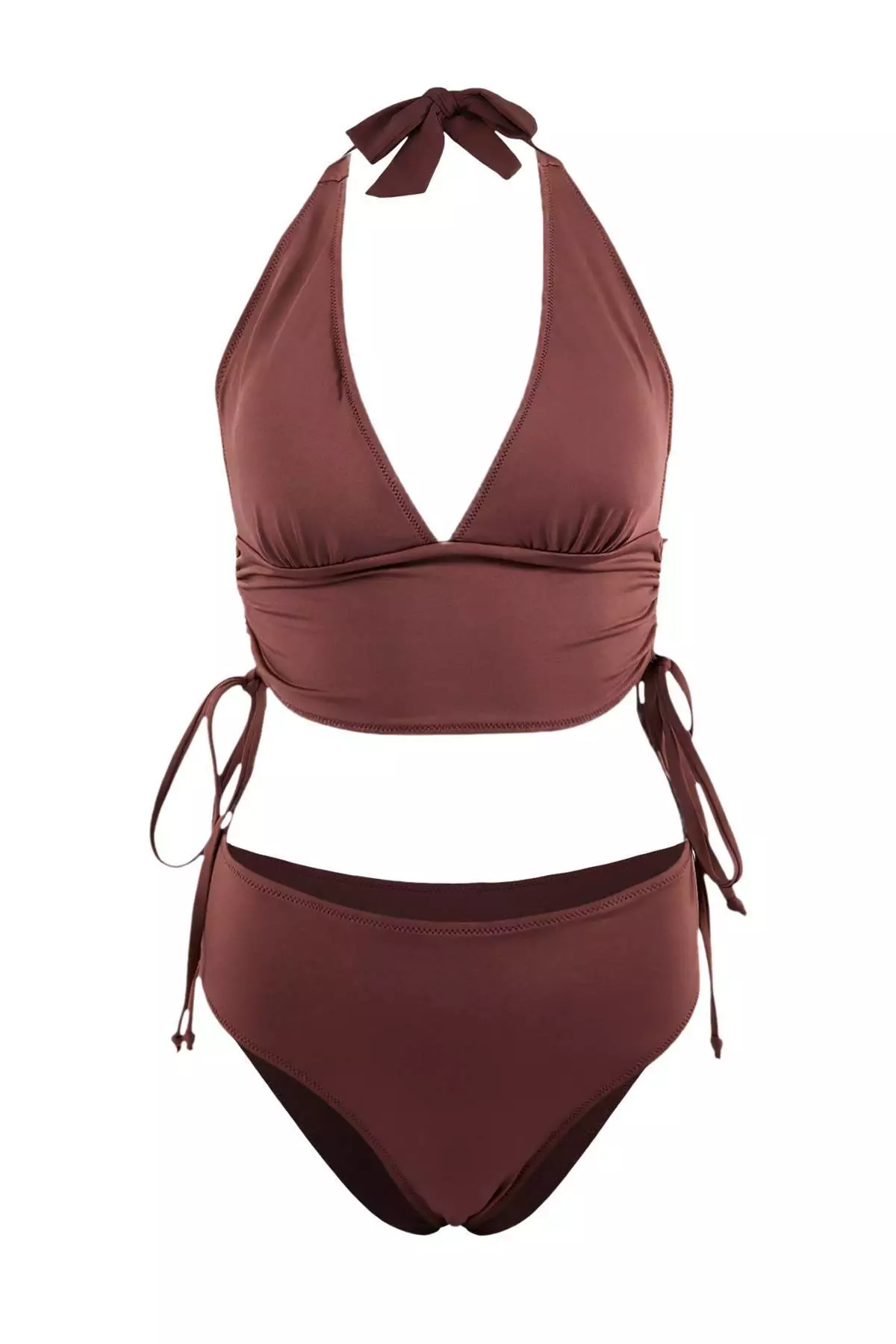 Brown Triangle Covered Draped Adjustable High Waist Regular Bikini Set Tbess26Bt41