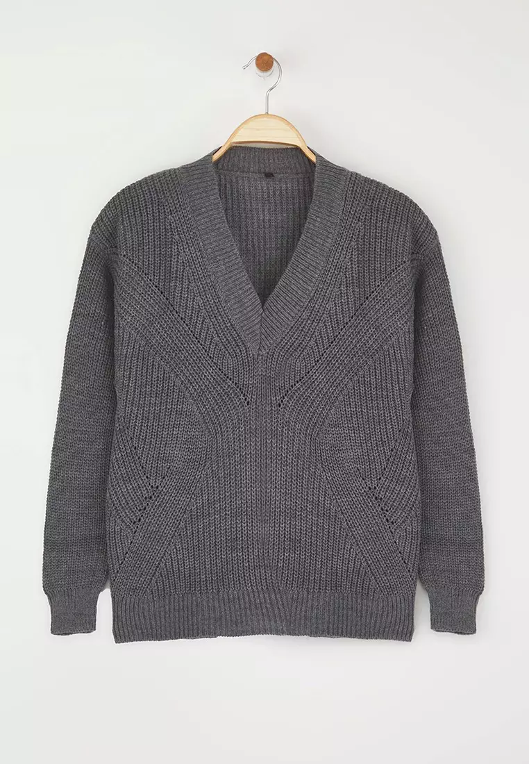 Anthracite Openwork/Perforated V Neck Knitwear Sweater