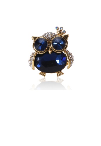 Glamorousky white Simple and Cute Plated Gold Owl Brooch with Blue Cubic Zirconia 1D42EACAB8909BGS_1