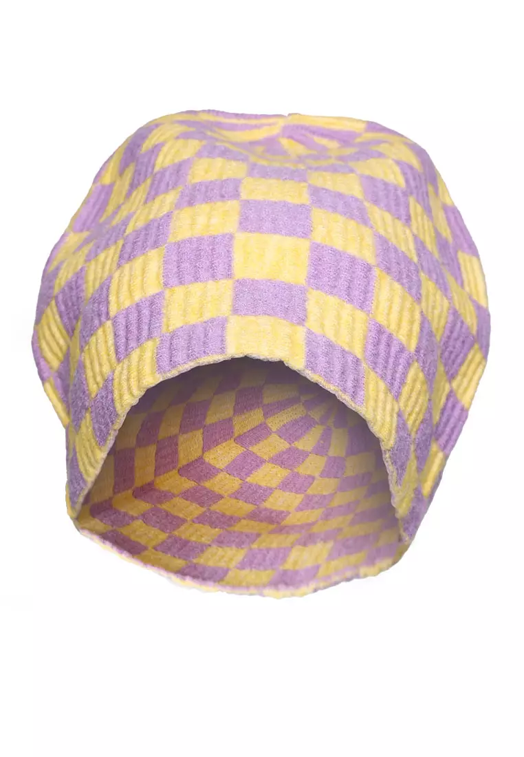 Beanie Rajut Kotak-kotak Warna Ungu & Kuning