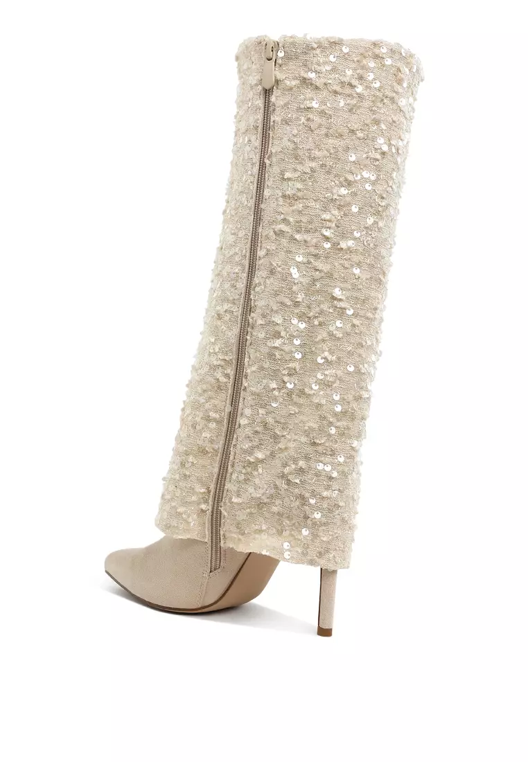 Sepatu Bot Betis Lipat Berpayet Warna Beige