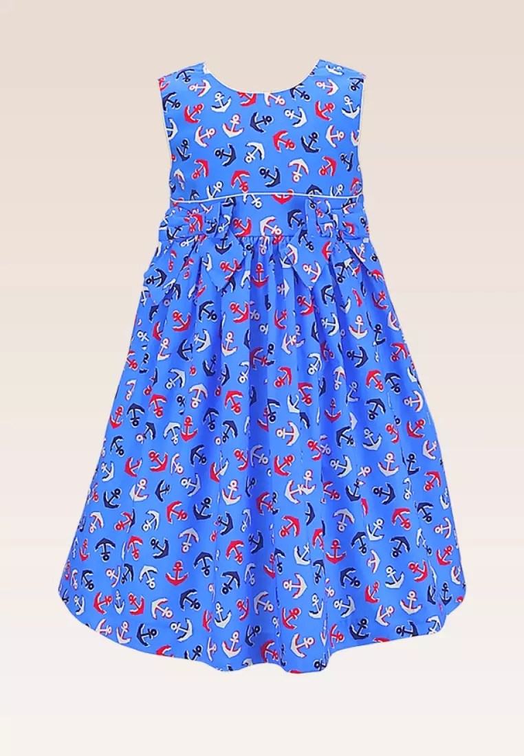 Gretche Girls Blue Anchor Print Dress with Bow Details at Front