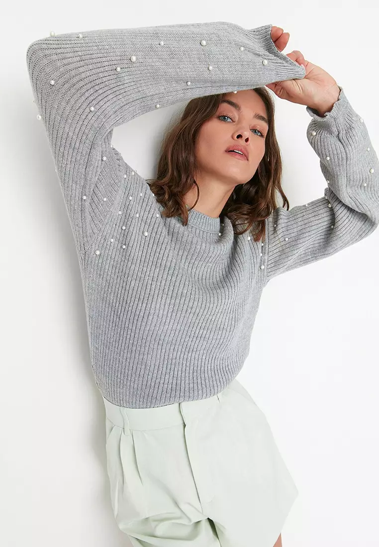 Gray Pearl Detailed Crew Neck Knitwear Sweater TWOAW22KZ1493