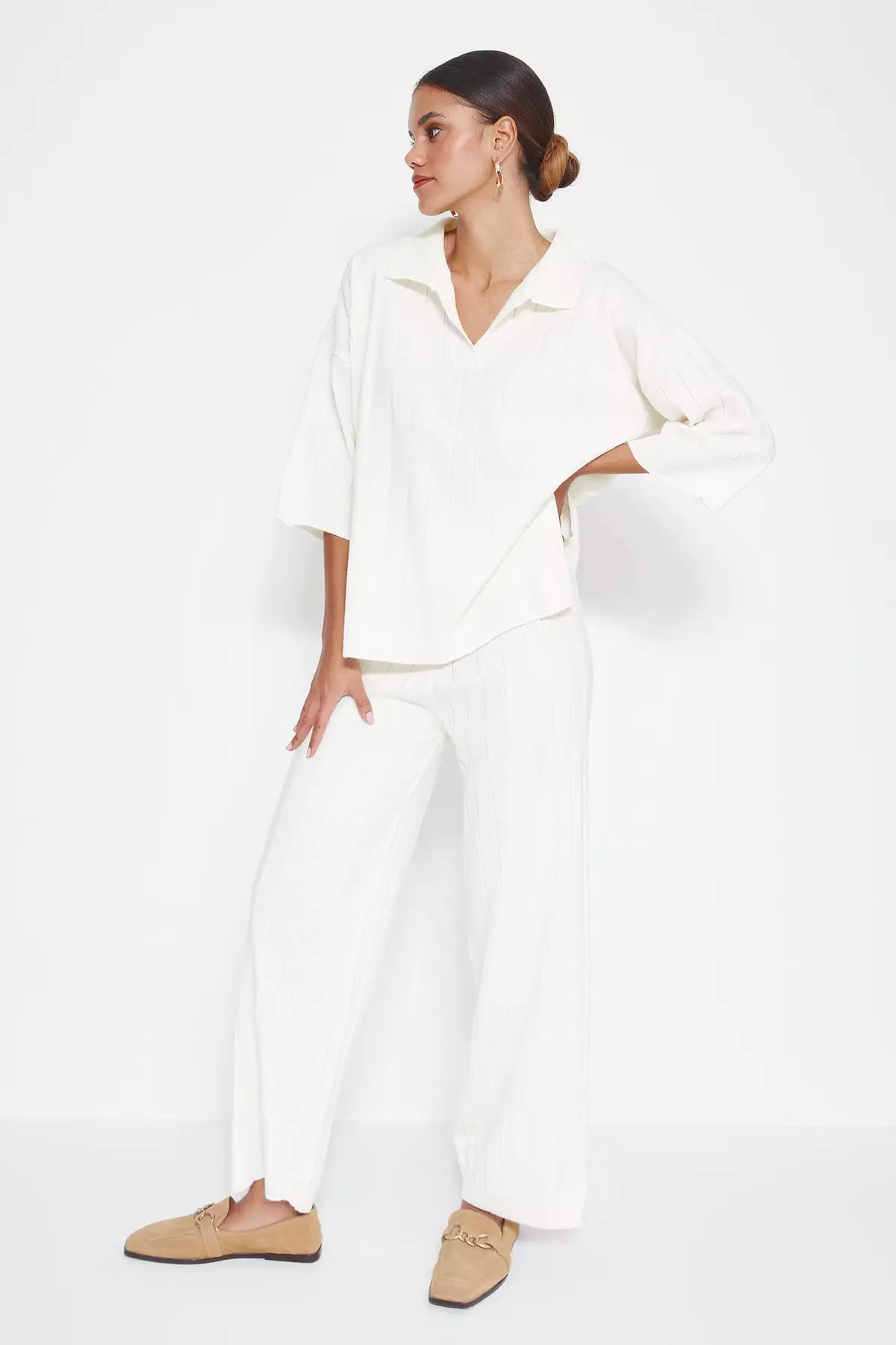 Basic Corded Knitwear Top and Bottom Set