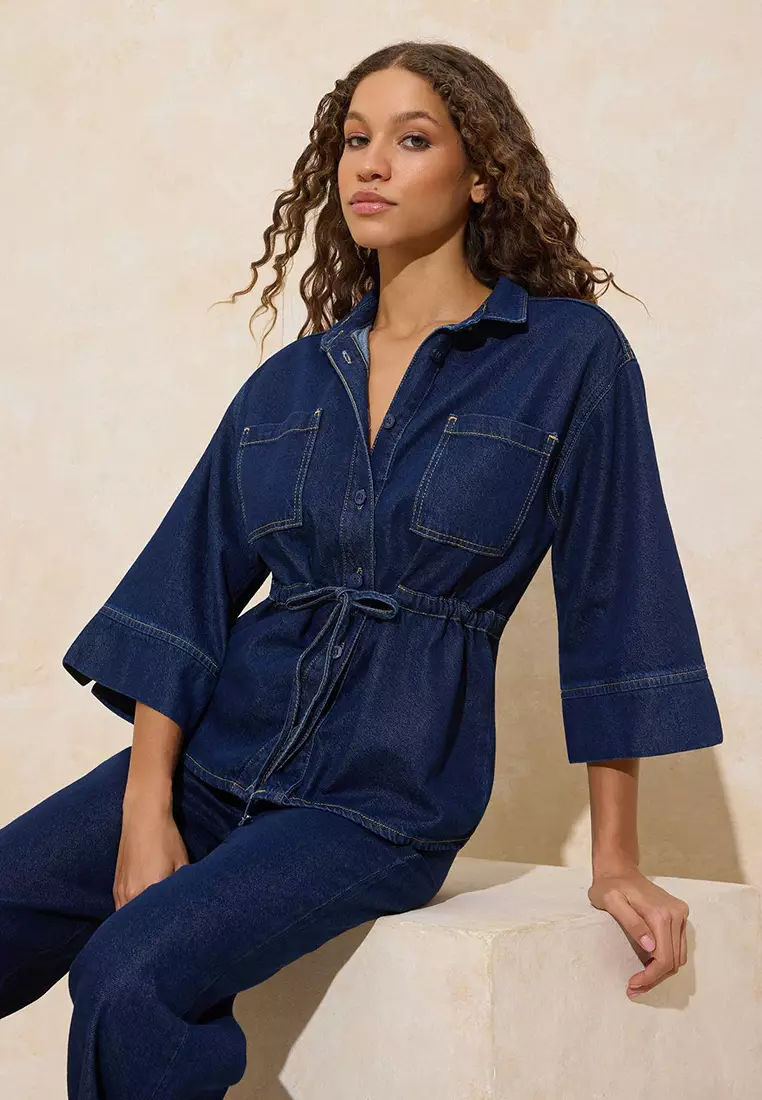 Dark Blue Waist-Tied Tencel Blended Denim Shirt Twoss26Go6