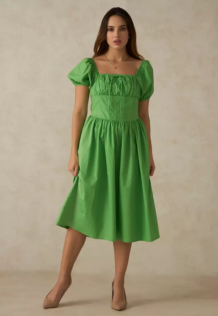 VIRGIO 100% Cotton Midi Length Milkmaid Dress