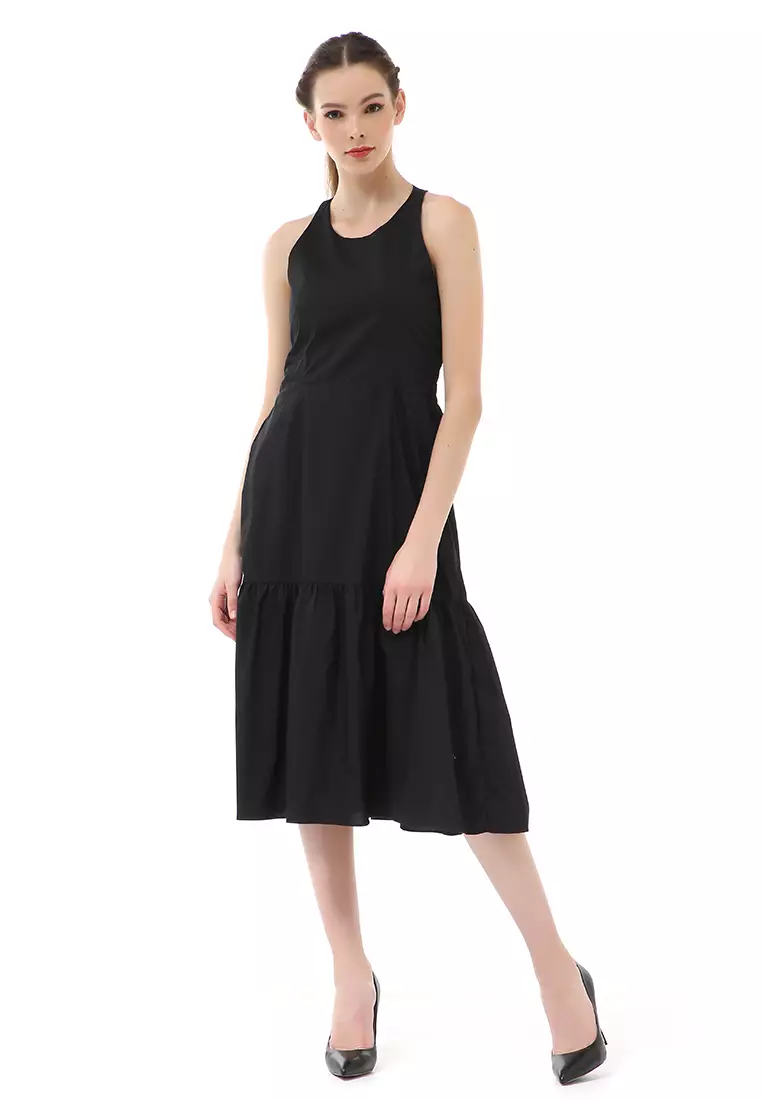 Rachel Midi Dress Wanita Tanpa Lengan Motif Polos Material Poplin ORIGINAL - Black