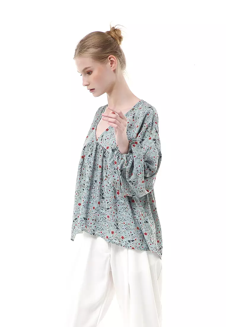 Milea Blouse Balon Atasan Wanita Motif Flower Premium Quality - Stone
