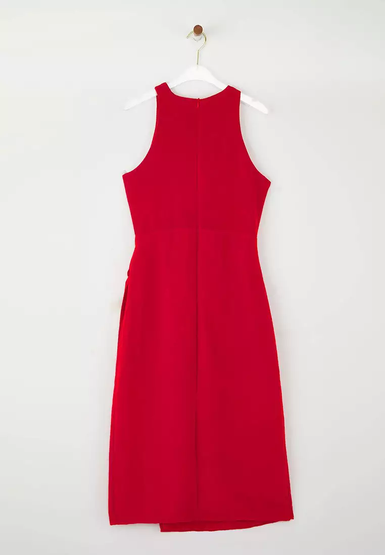 Red Straight Tie Detail Midi Dress