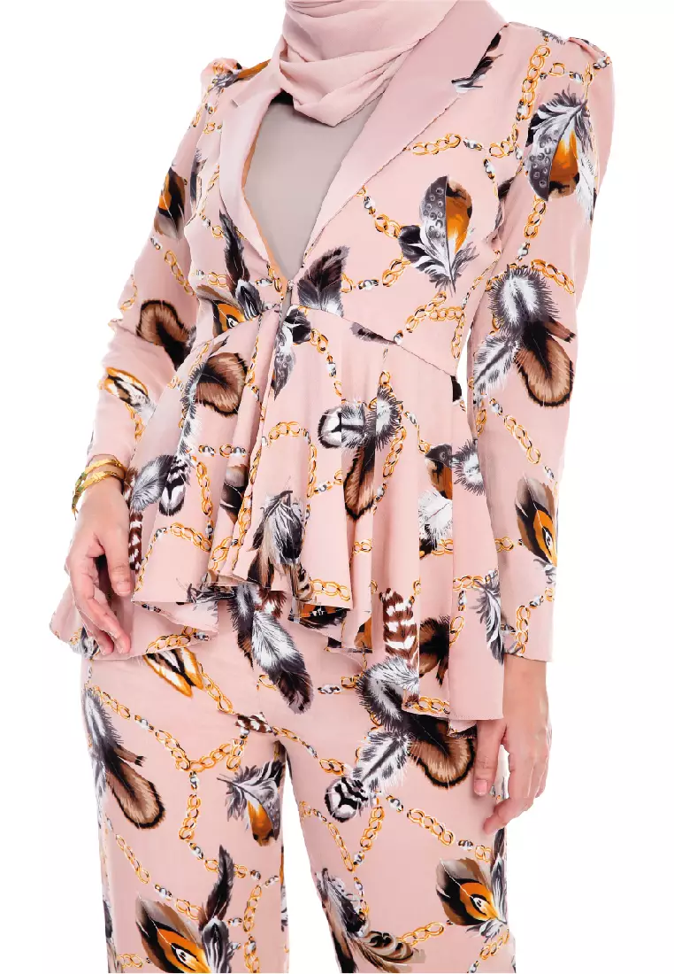 Anggun Beige Brown Blazer Peplum Top Suits Palazzo Pants