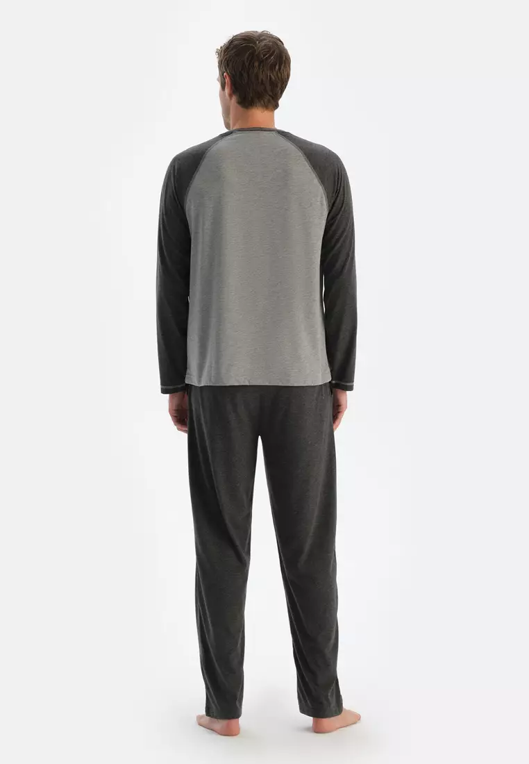 Grey Melange T-Shirt & Trousers, Crew Neck, Regular Fit, Long Sleeve Sleepwear for Men