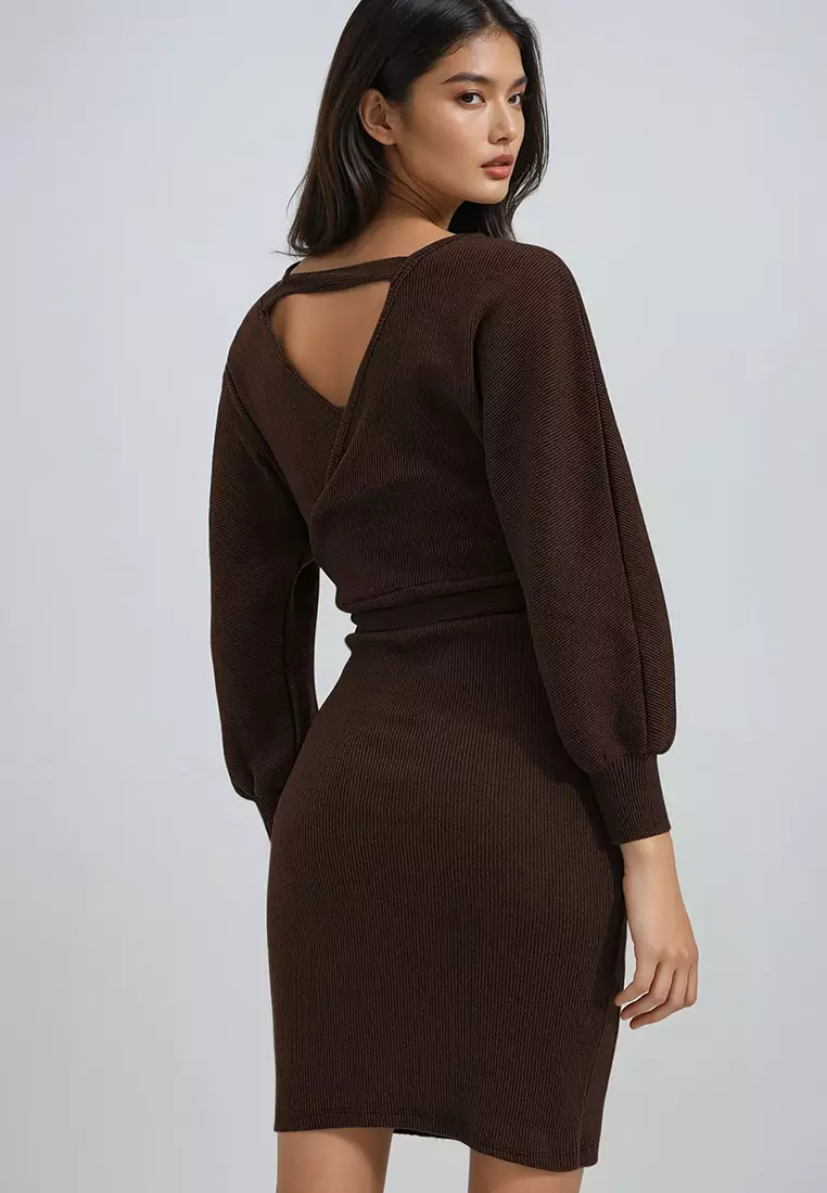 Women's Dark Brown Double-Breasted Batwing Sleeve Waist Belted Camisole Dress Alc-X7623