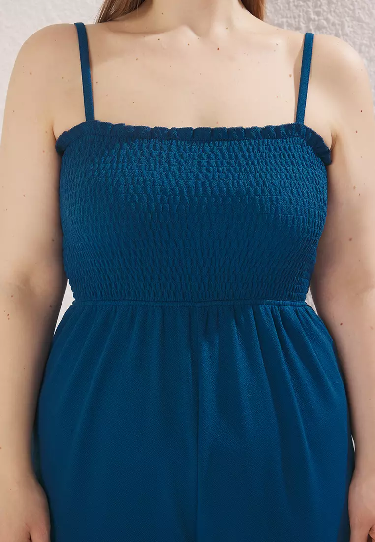 Blue Strappy Knitted Plus Size Jumpsuit Tbbss25Bg00011