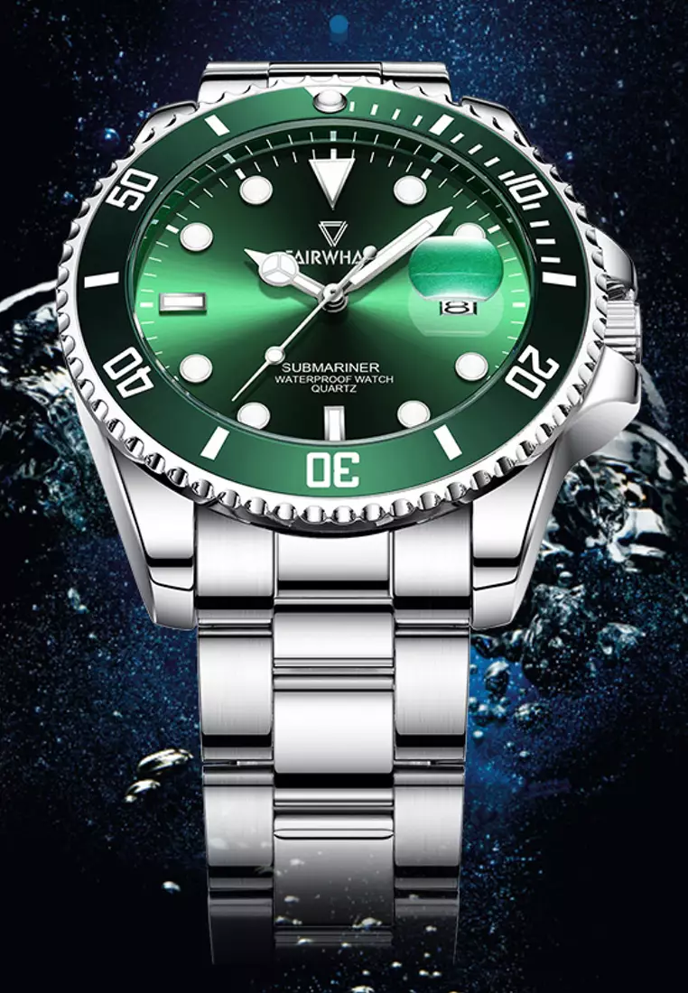 Unisex Stainless Steel Quartz Diver Watch, Black Dial, 40mm, Stainless Steel Bracelet