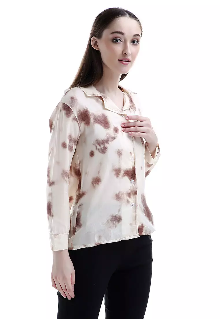 Oakley Long Shirt Tie Dye Design Simple Kemeja Atasan Wanita - Coklat