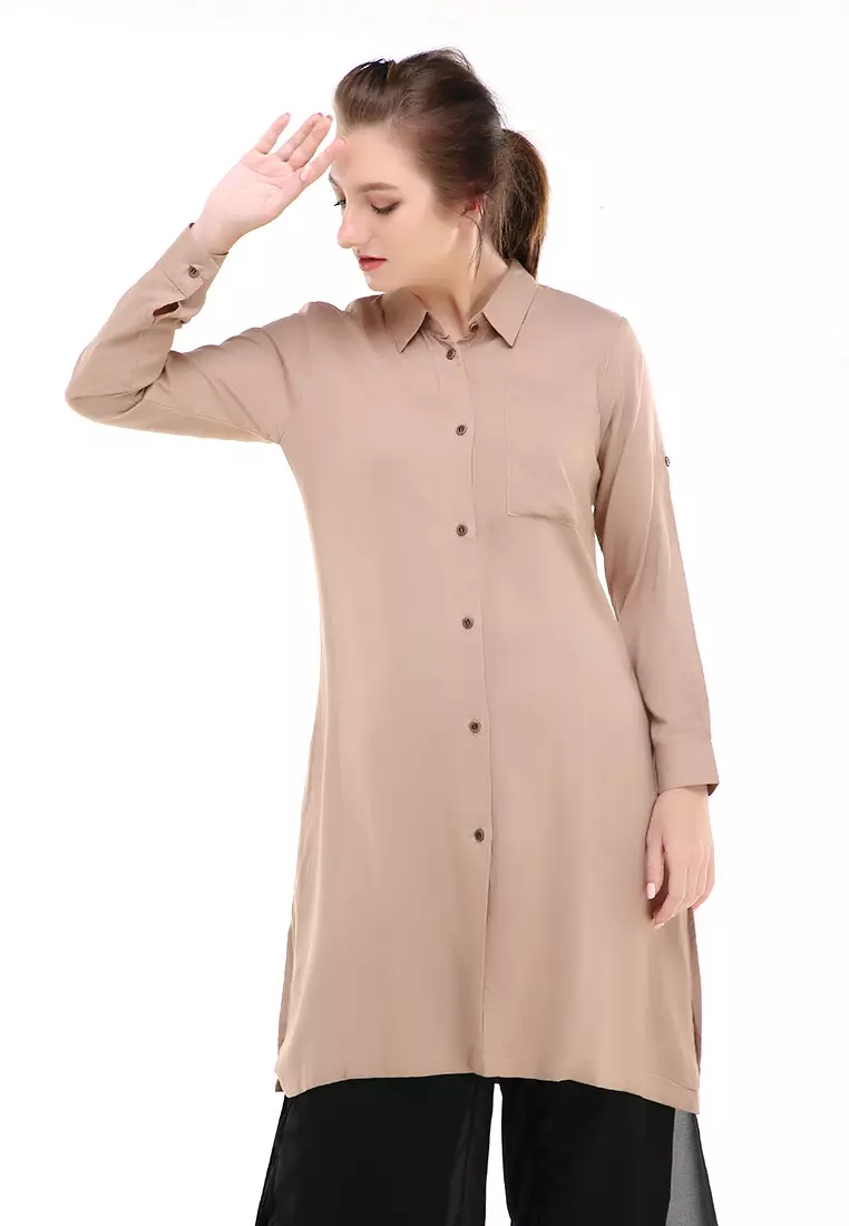 Eleazar Tunik Long Sleeve Motif Solid Design Casual Atasan Wanita Regular Fit - Mocca