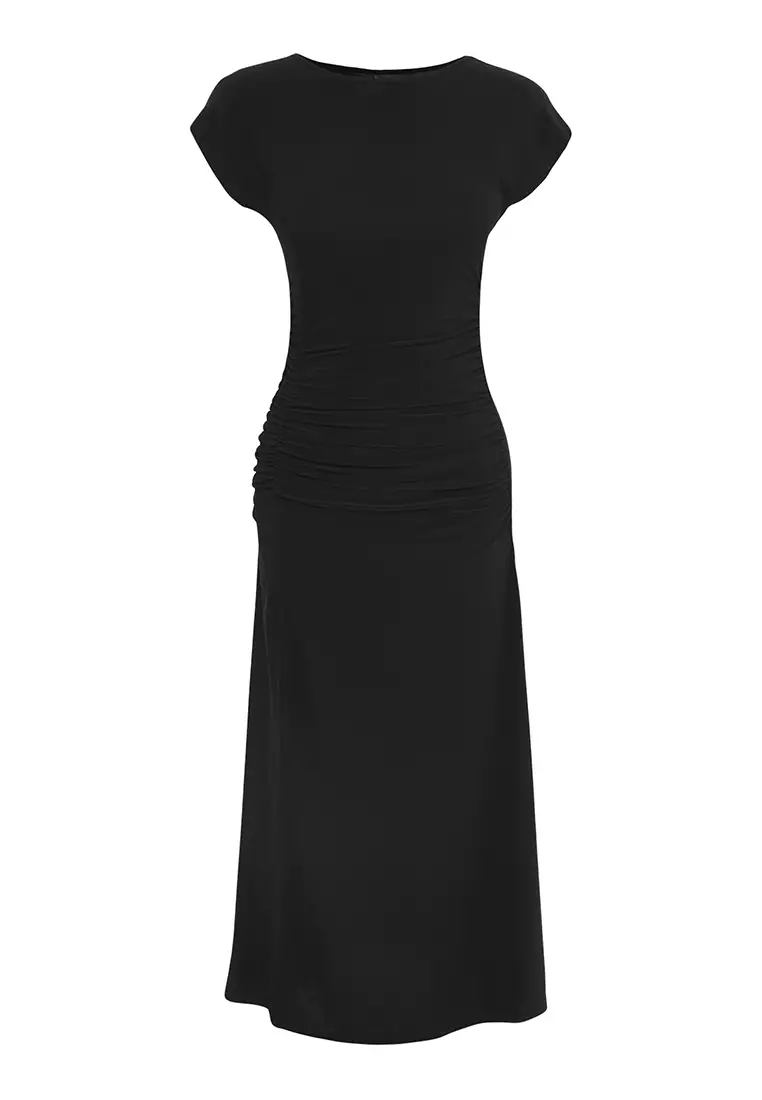 Black Moon Sleeve Gather/Drape Detail Stretchy Maxi Knitted Dress TWOSS25EL00666