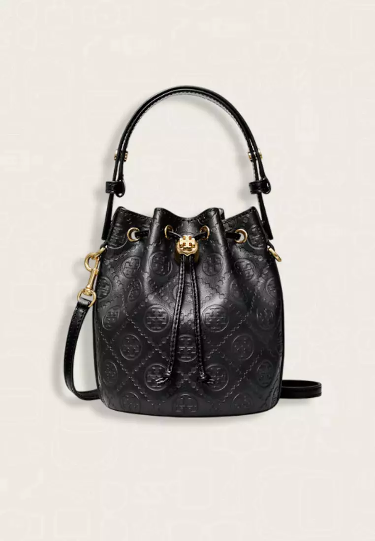 Tory Burch T Monogram Leather Mini Bucket Bag Black