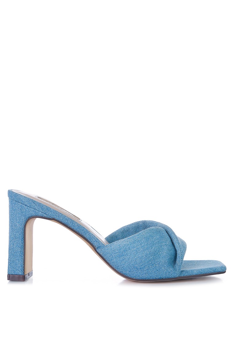 Blue Denim Twisted Strap Mid Heel Sandals