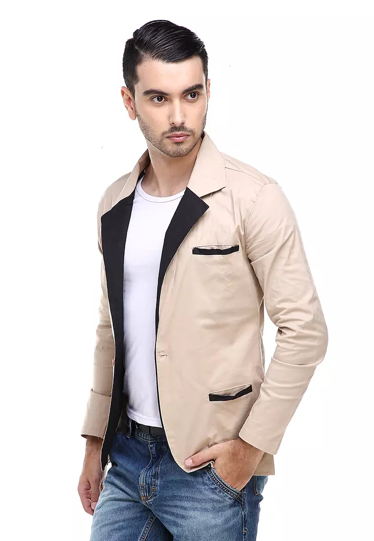 Woreq Blazer Pria Pockets Two Tone Formal Material Cotton Stretch ORIGINAL - Cream