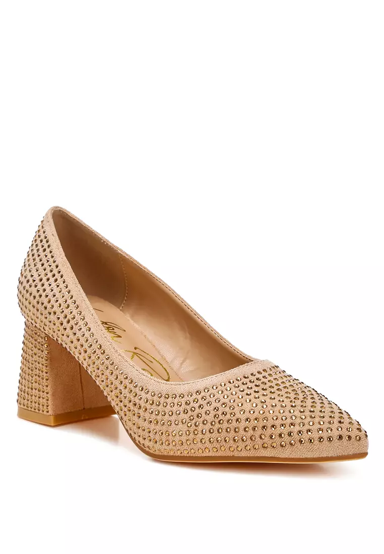 Rhinestones Embellished Pumps in Beige