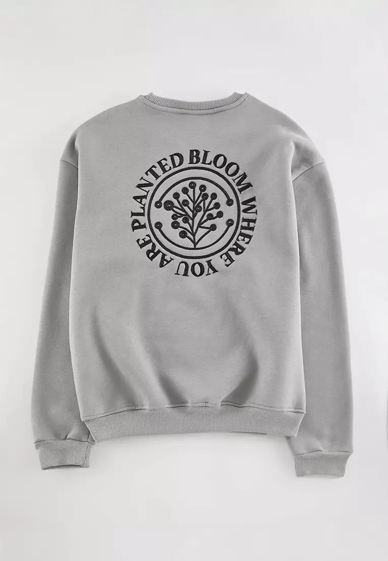 Grey Oversize/Wide Cut Floral Embroidered Fleece Inside Cotton Sweatshirt Tmnaw24Sw00012