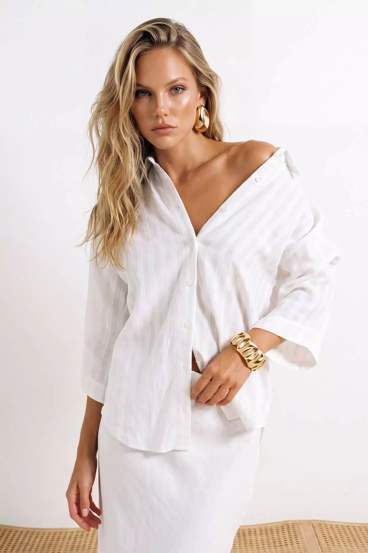 White Woven Sheer Oversized Beach Shirt Tbess26Go6