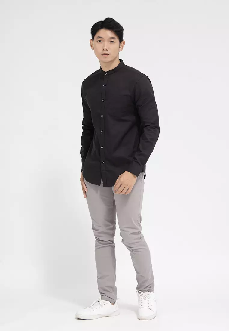 Kemeja collarless koko Slub hitam OXCON Black