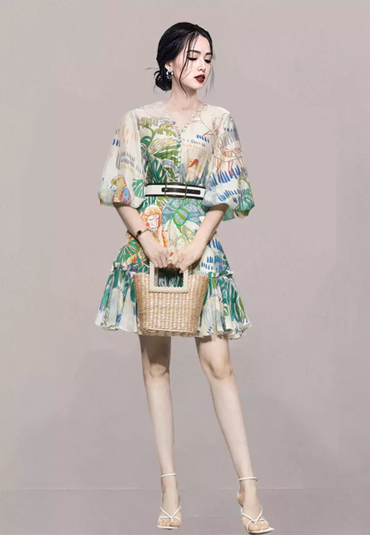 2025夏季新款氣質復古燈籠袖印花連衣裙CA061377