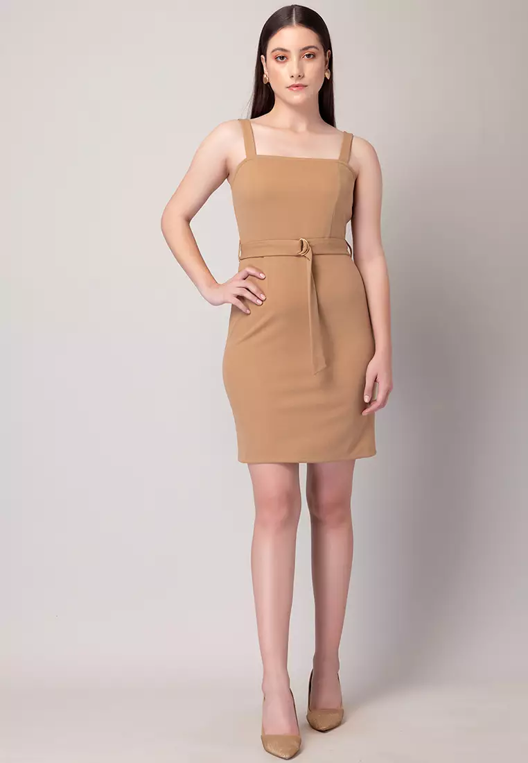 Beige Sleeveless Bodycon Dress With Belt