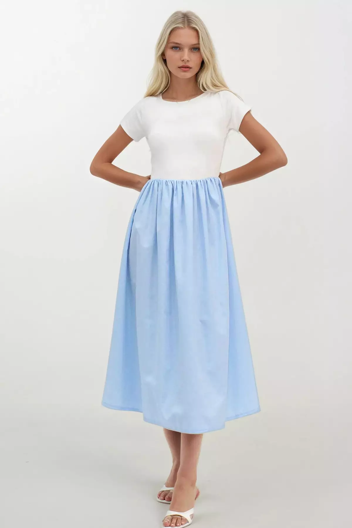 Women's Blue Crew Neck Elastic Waist Color Block Maxi Dress Alc-X14278