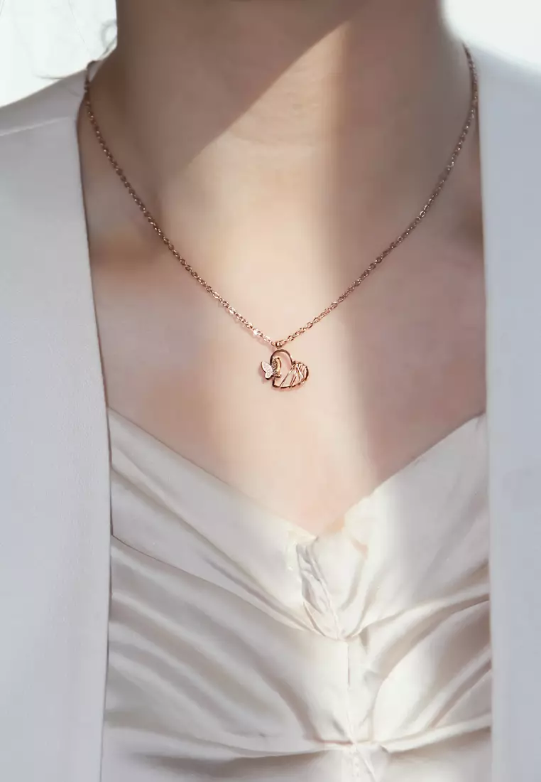 McQueen Butterfly with Hollow Heart Pendant Chain Necklace in Rose Gold