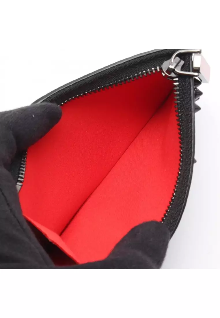 Pre-Loved CHRISTIAN LOUBOUTIN studs card case coin purse leather black Red