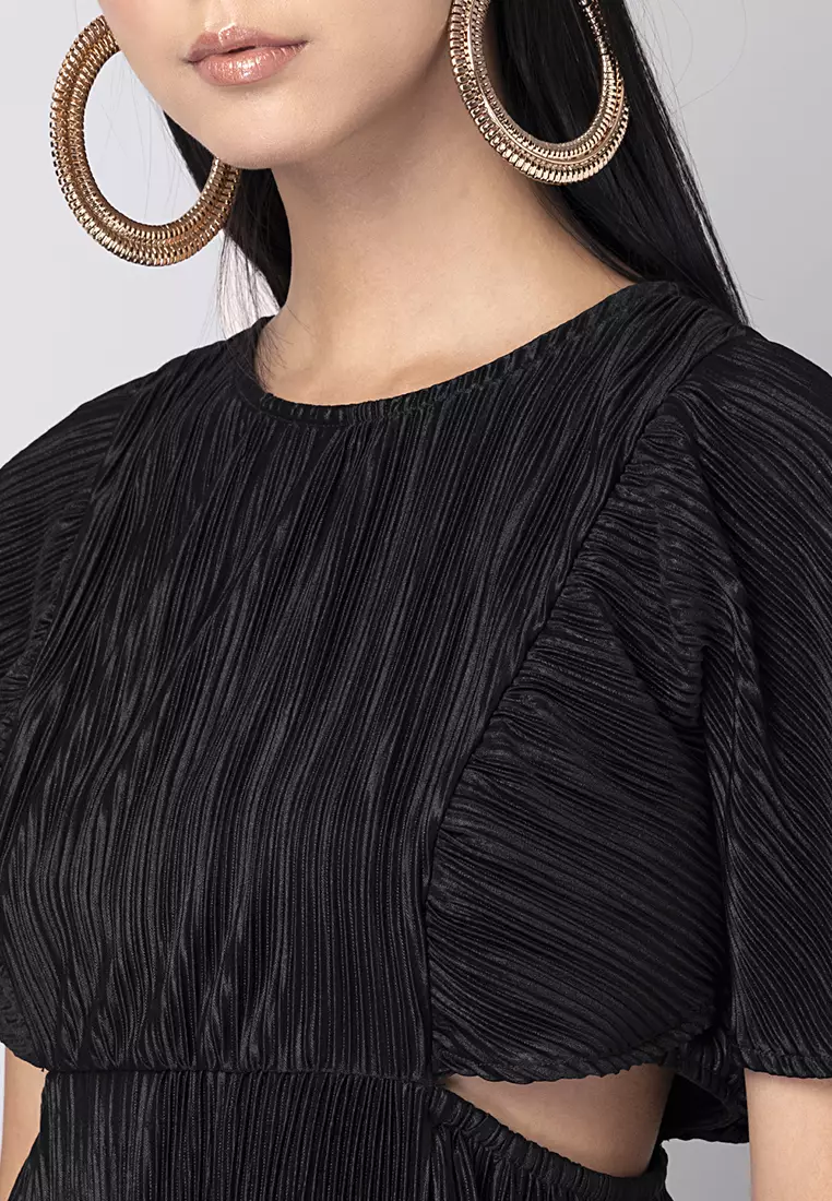 Black Pleated Waist Cut Out Dress