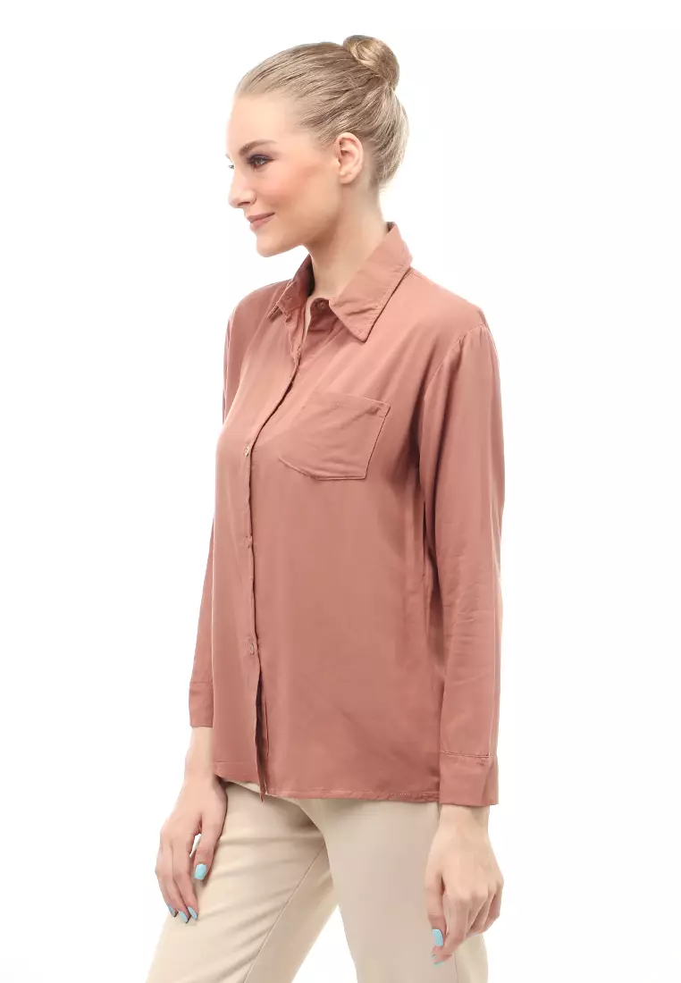 Arcade Atasan Wanita Long Sleeves Kemeja Polos Relaxed Fit - Mocca