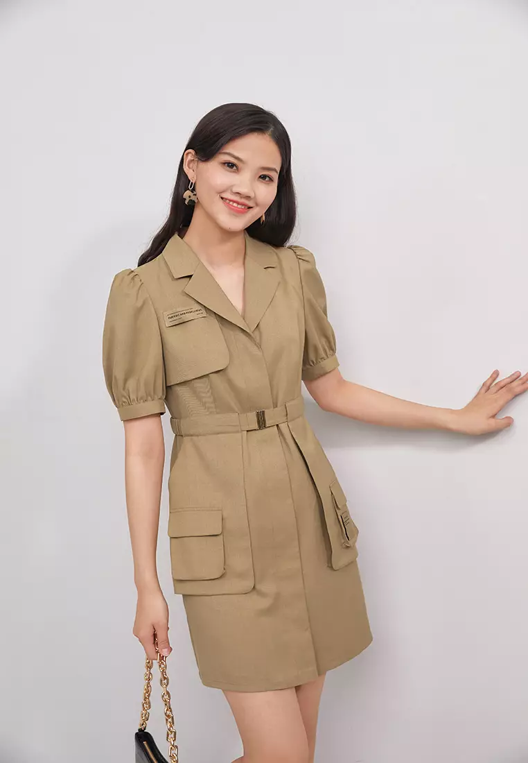 Puff Sleeve Single Breasted Mini Dress