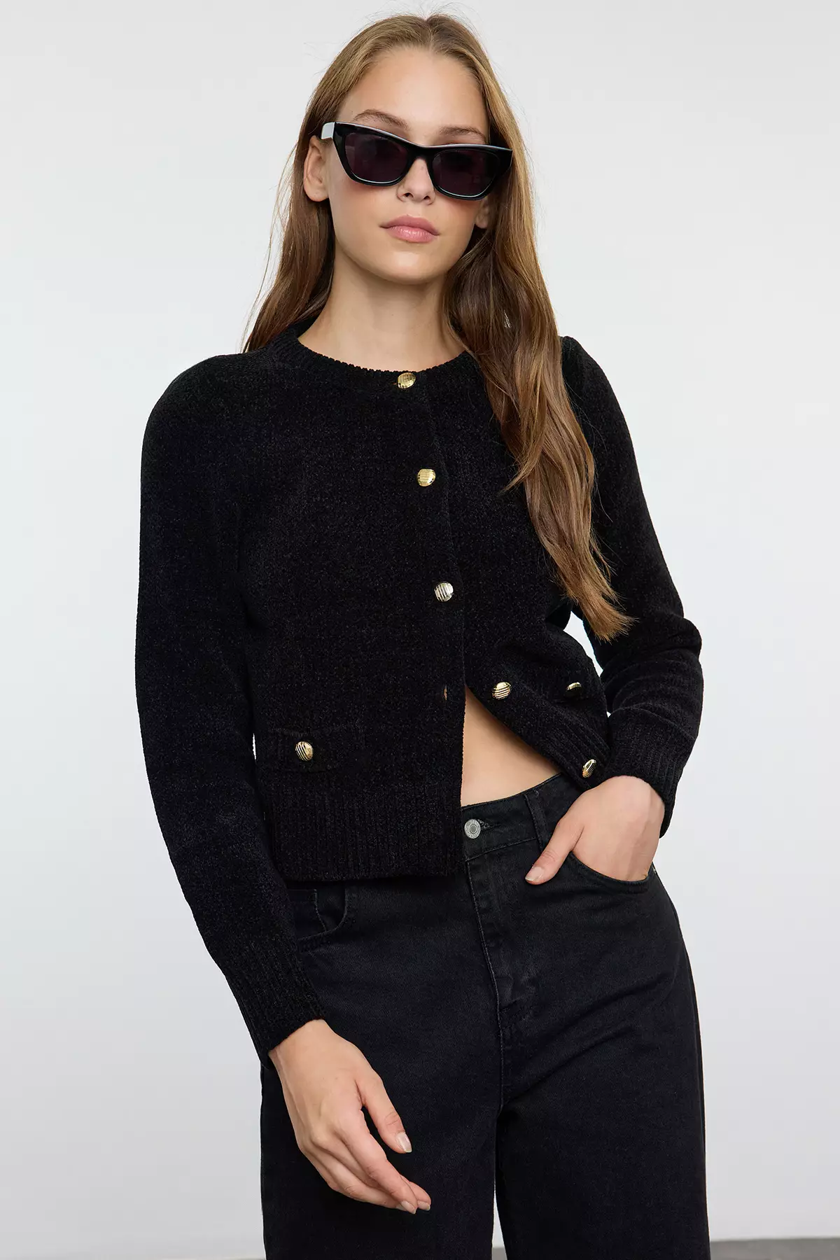 Black Premium Yarn/Special Yarn Pocket Detailed Knitwear Cardigan TWOAW24HI00051