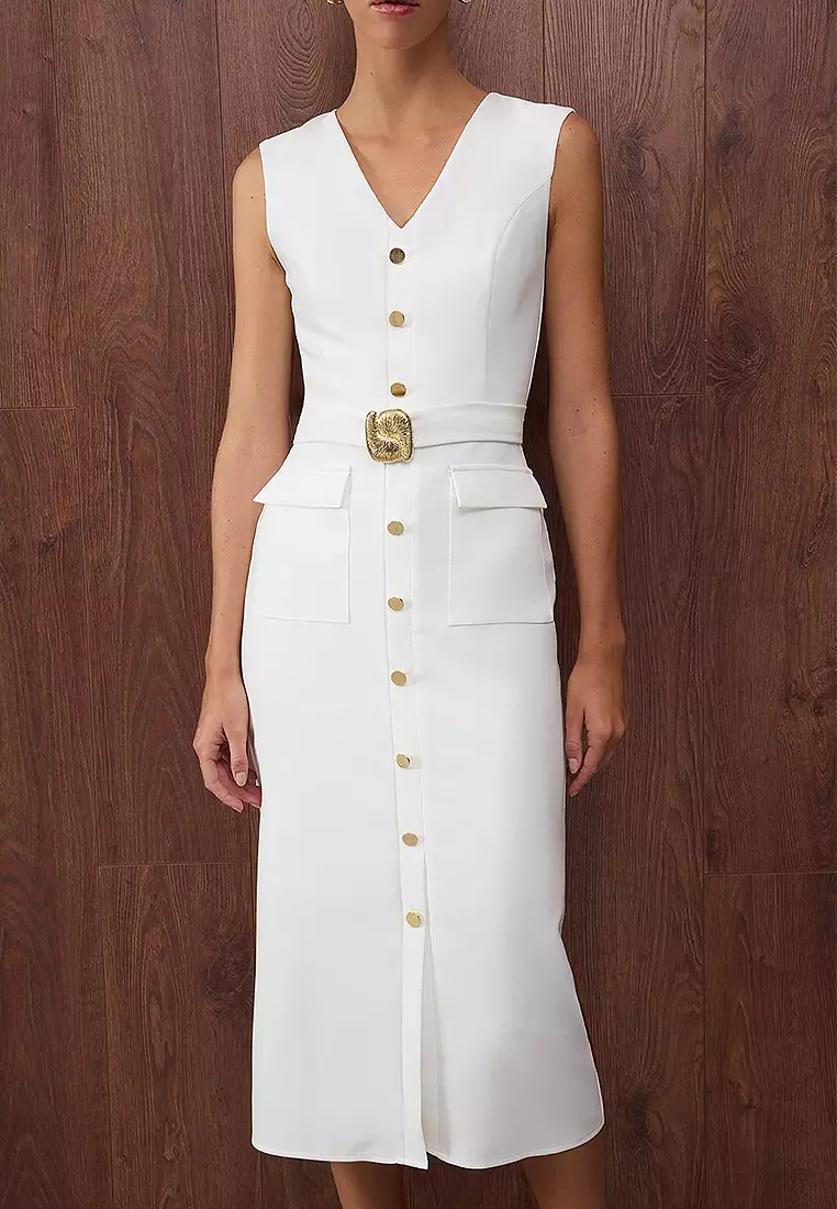 Sleeveless V-Neck Pocket Midi Dress