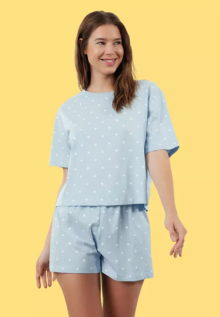 Blue 100% Cotton Polka Dot and Heart Shorts Knitted Pajama Set THMSS21PT1485
