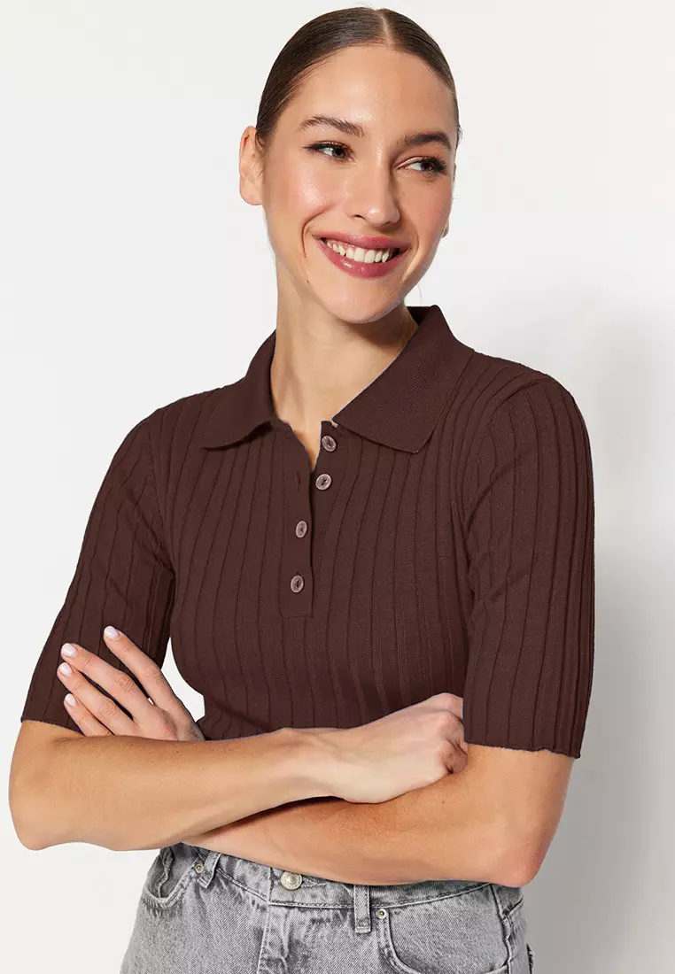 Brown Basic Polo Neck T-Shirt Look Knitted Thin Blouse TWOSS20BZ0112