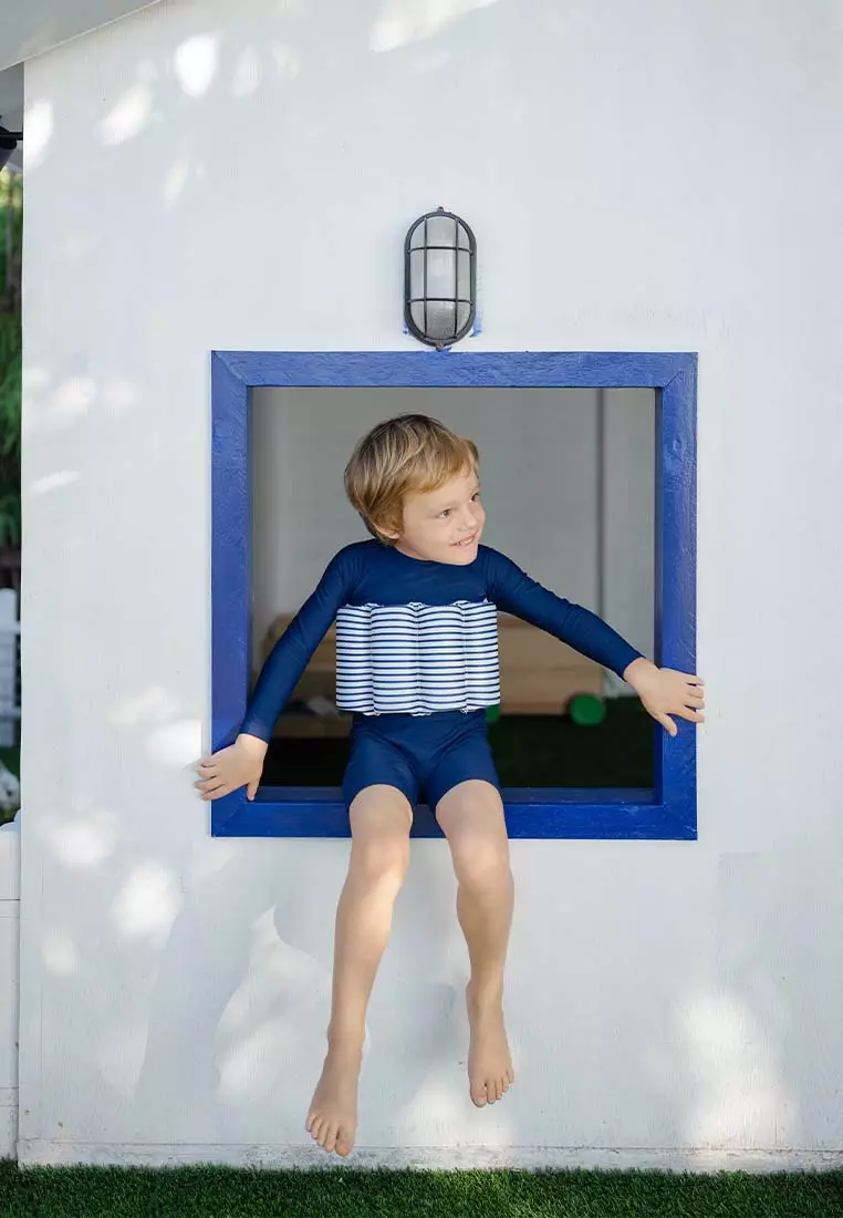 Stripes & Blooms Diving Long Sleeves Floatsuit - Estate Blue