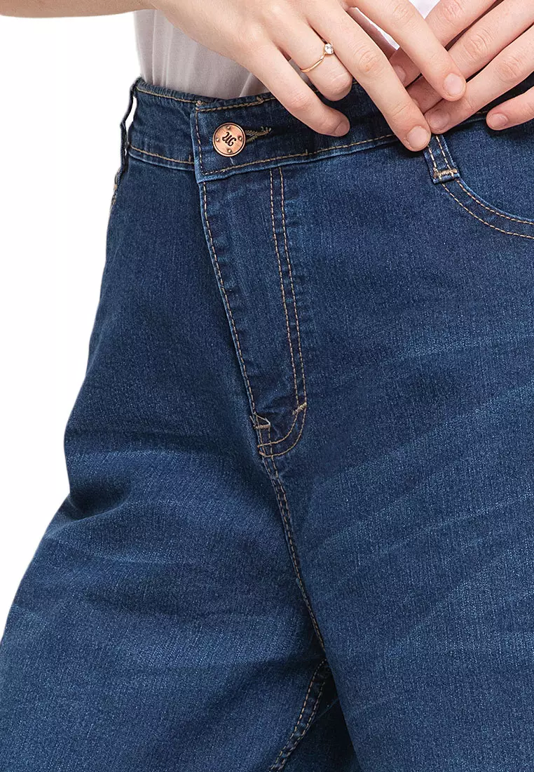 Sara Celana Kulot Jeans Long Pants Motif Solid Bawahan Wanita - Biru Tua