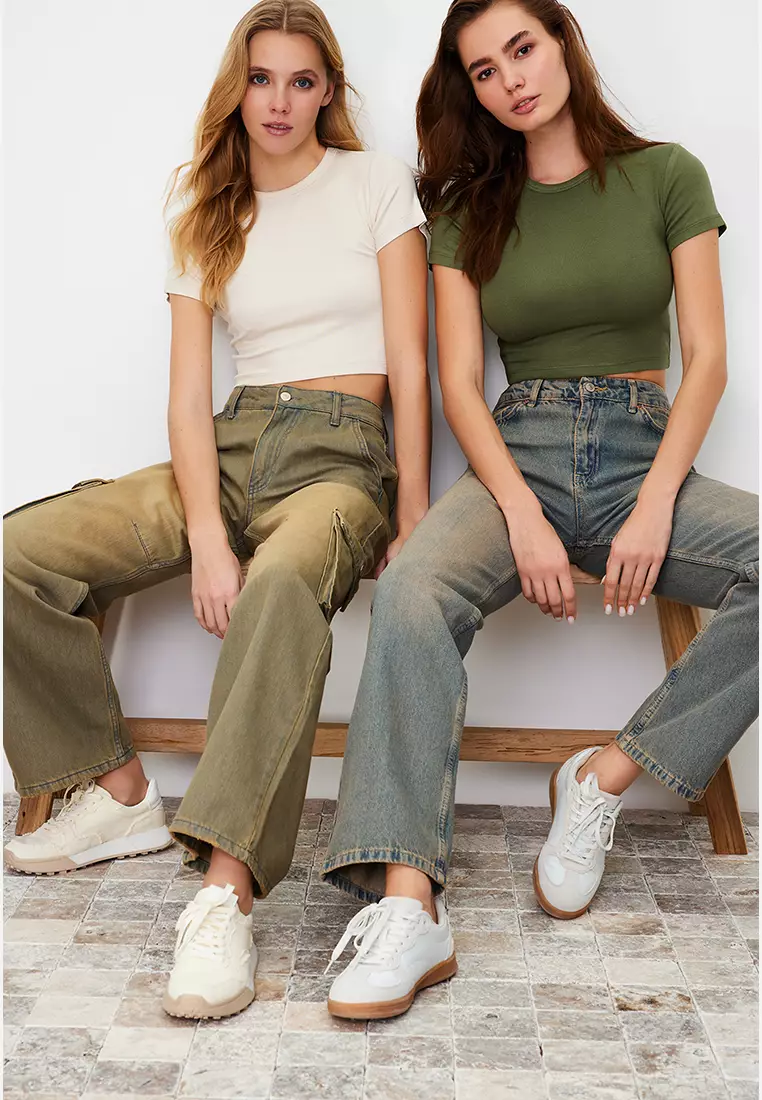 2 Packs Stretch Knit Crop Tops