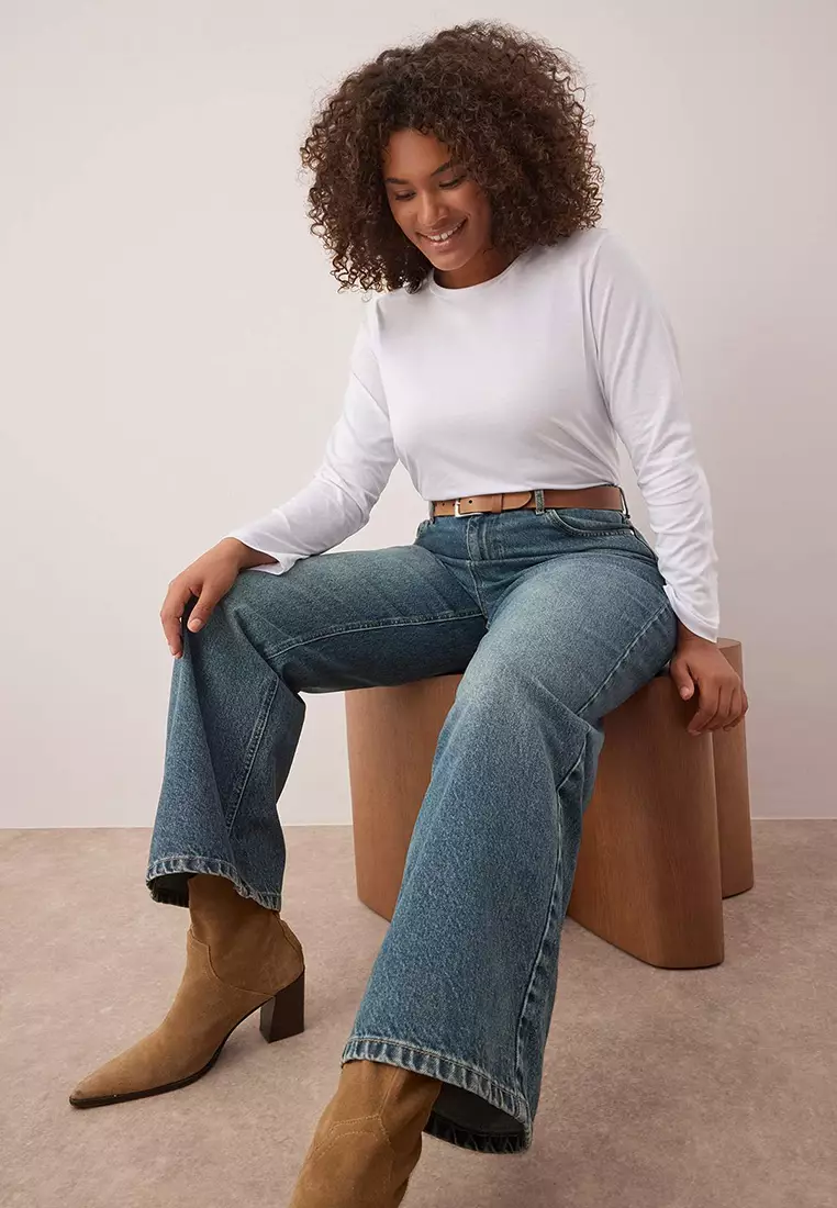 White 100% Cotton Long Sleeve Crew Neck Regular Basic Knitted Plus Size T-Shirt Tbbaw26Bf00000