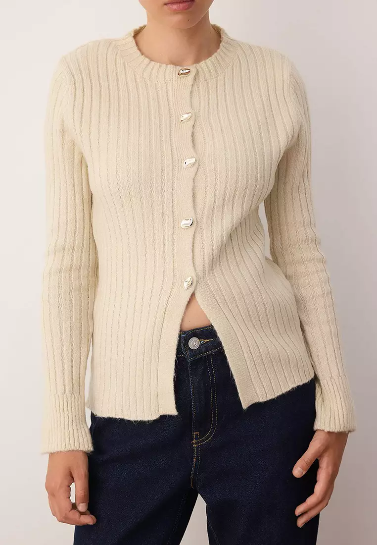 Stone Button Detailed Soft Textured Slit Detailed Knitwear Cardigan