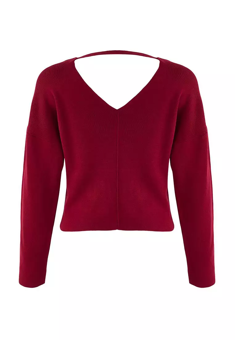 Burgundy Premium Yarn/Special Yarn Corset Stitching Detail Knitwear Sweater