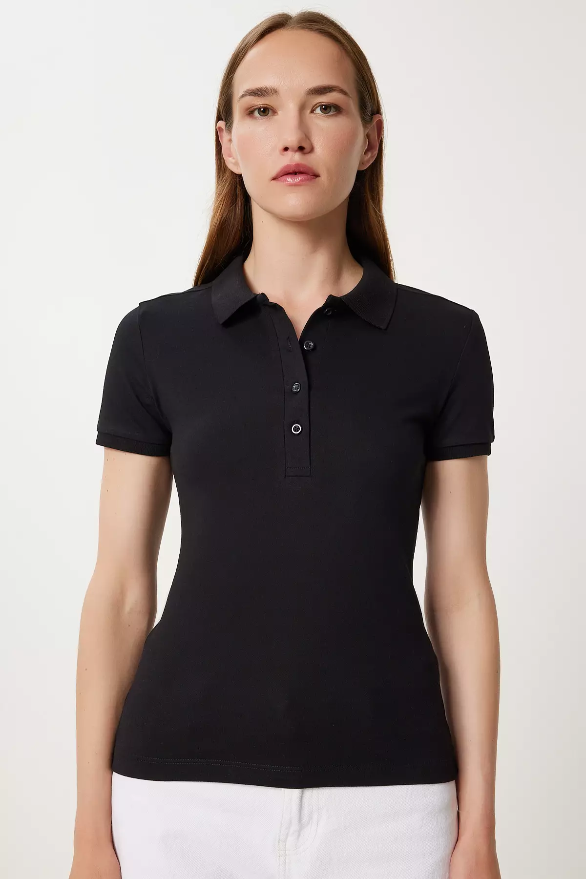 Women's Black Polo Neck Knitted T-Shirt Fk00039